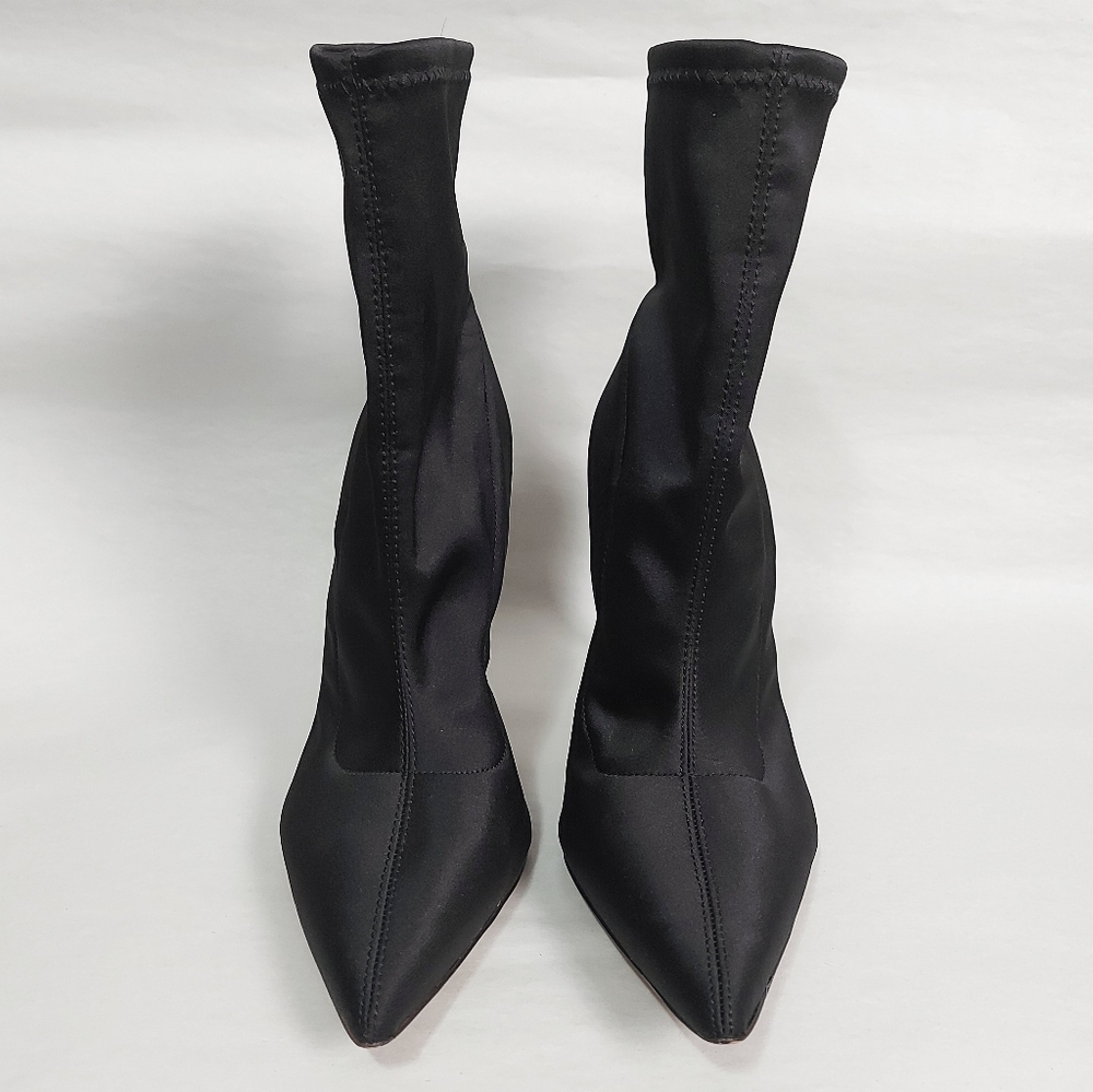 Aldo Black Satin Sock Booties Size 9 Pull-on Ankle High Stiletto Heel Pointy Toe - Picture 4 of 13